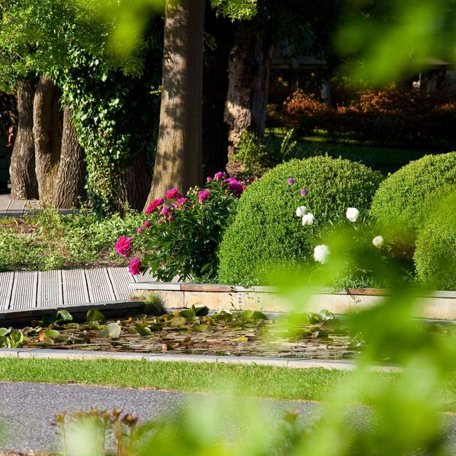 Jardin luxuriant avec un petit pont, un étang et des buissons verts soigneusement taillés. Des fleurs roses et blanches s'y épanouissent.
