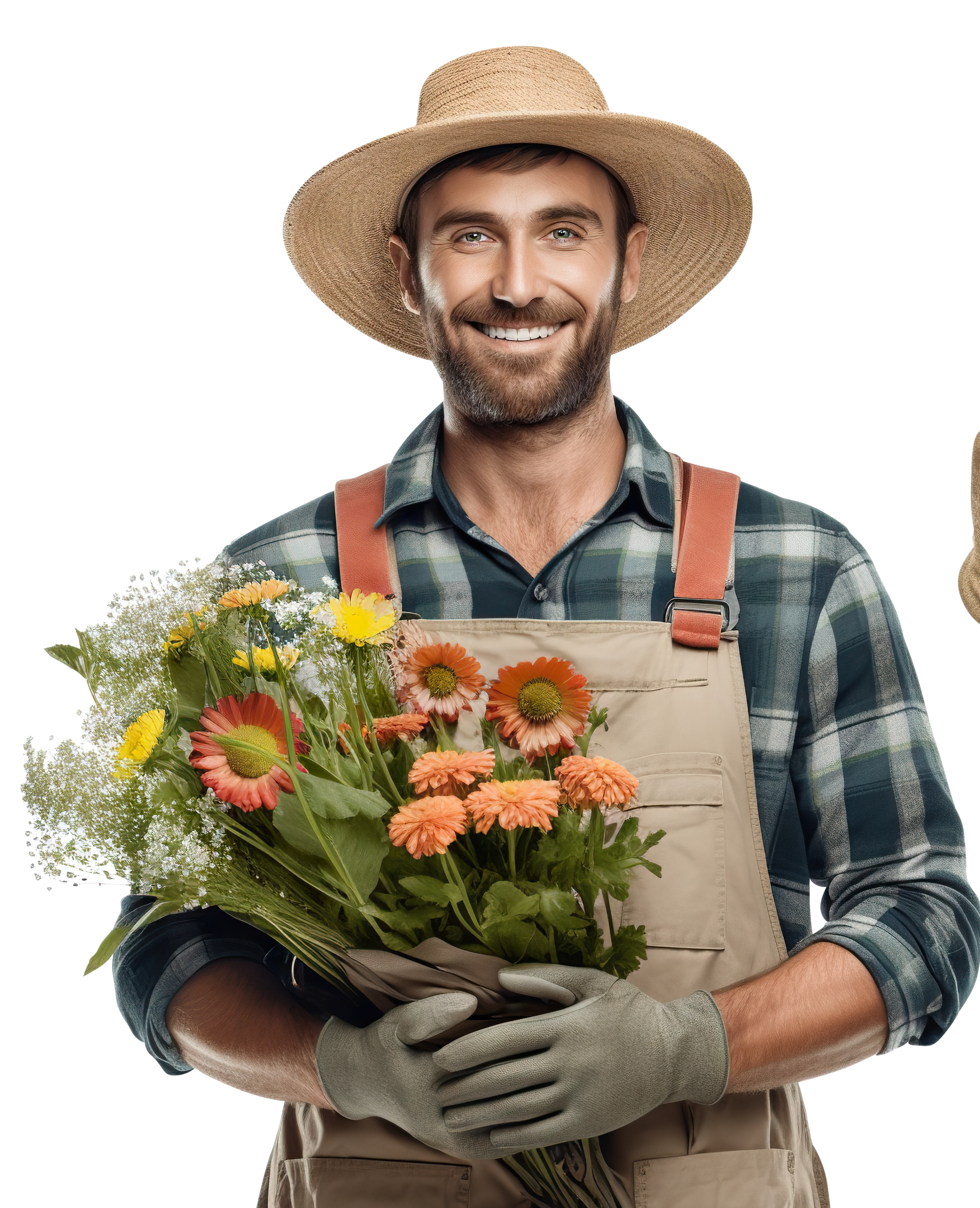 Jardinier tenant un bouquet de fleurs, portant un chapeau de paille, une chemise à carreaux et des gants, souriant.