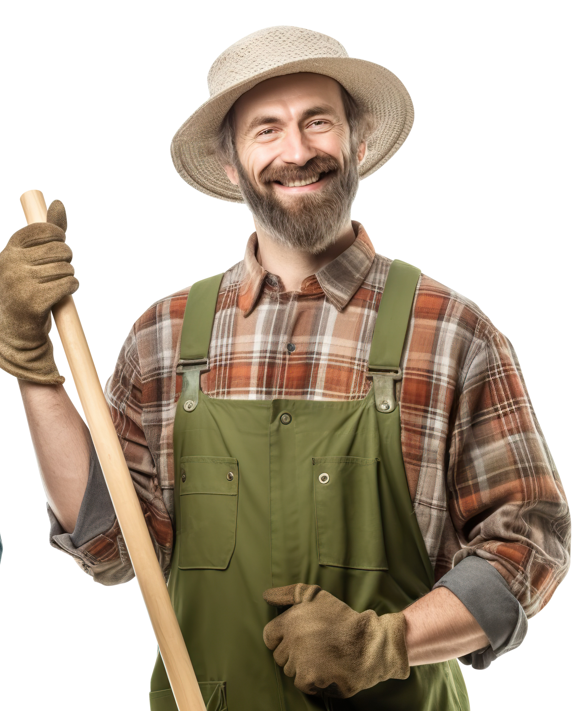Un fermier souriant, portant un chapeau de paille, une salopette verte et une chemise à carreaux, tient un râteau en bois, sur fond blanc.