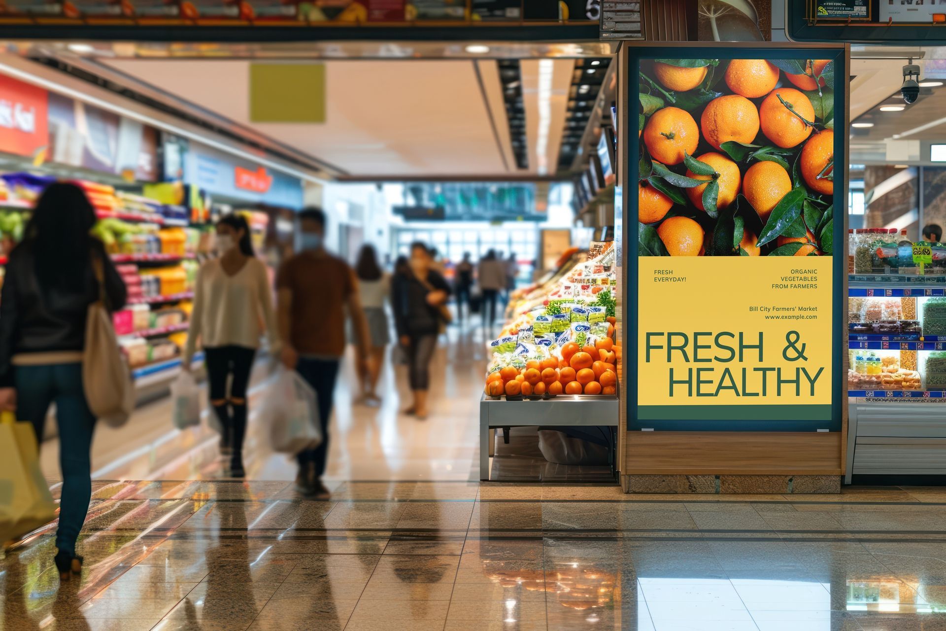 Présentoir de fruits et légumes dans un supermarché, avec une pancarte « Fresh & Healthy » et des clients qui circulent dans l’allée