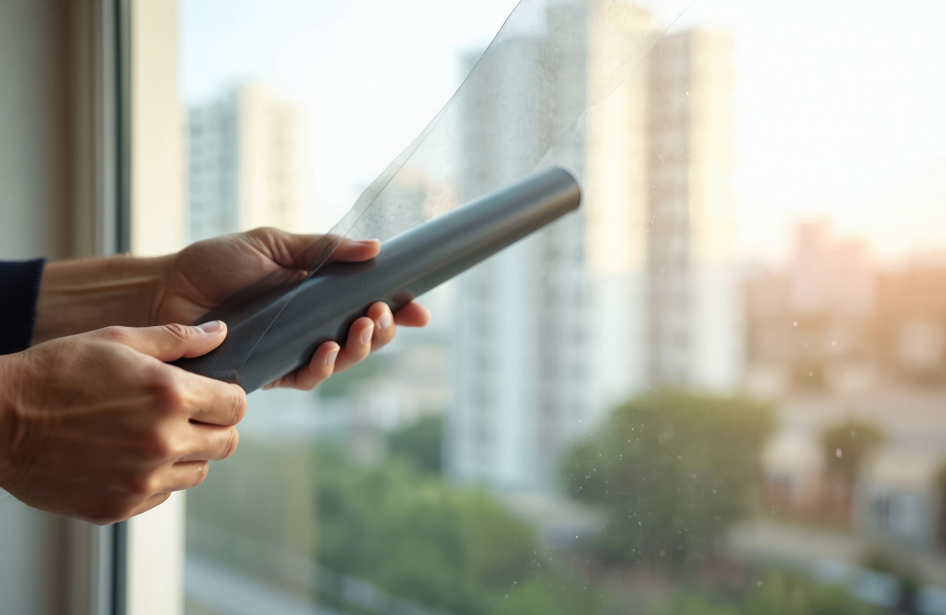 Des mains tenant une télécommande noire près d’une fenêtre donnant sur une ville floue