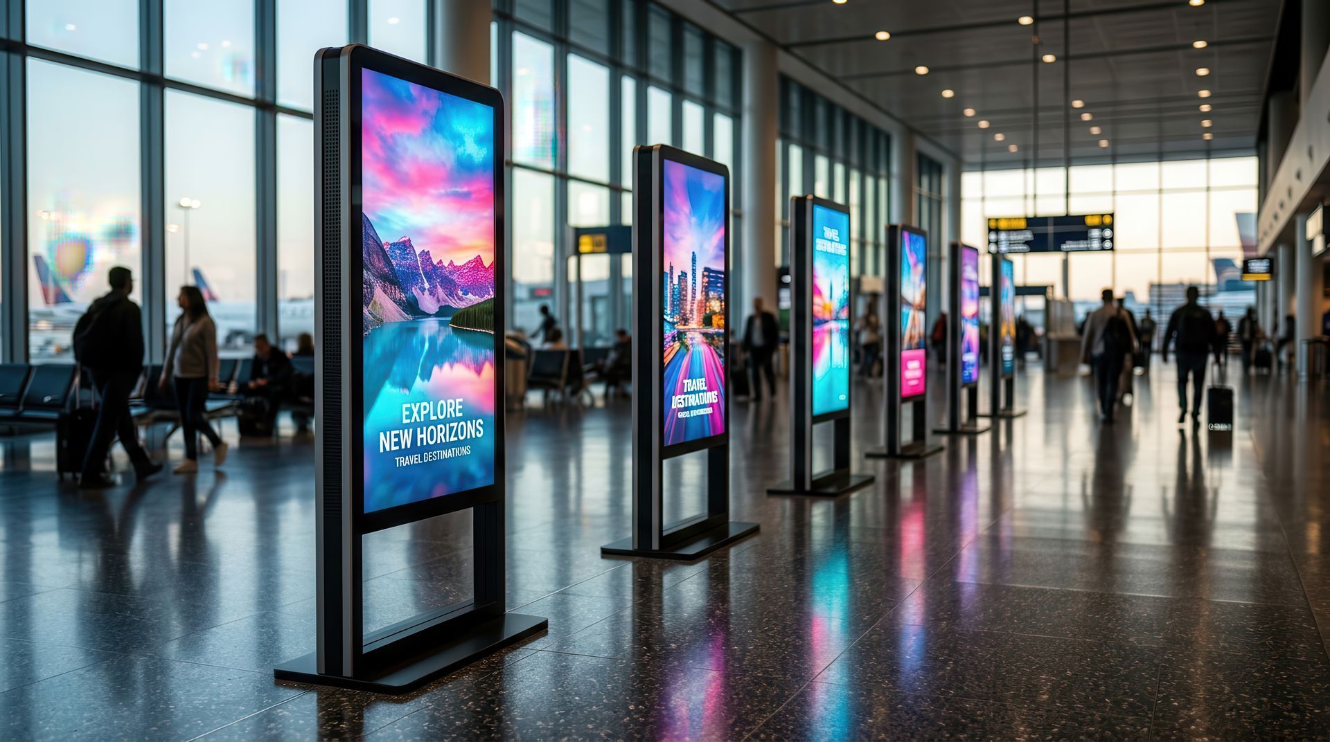 Terminal d’aéroport moderne avec des voyageurs et des écrans publicitaires numériques lumineux se reflétant sur les sols polis