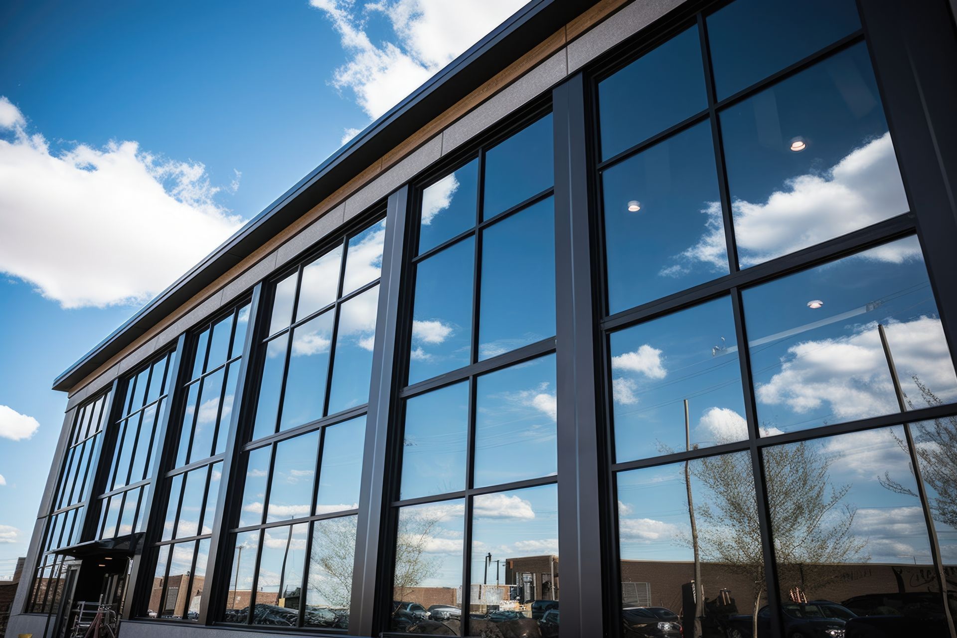 Immeuble de bureaux moderne à façade vitrée, reflétant le ciel bleu et les nuages
