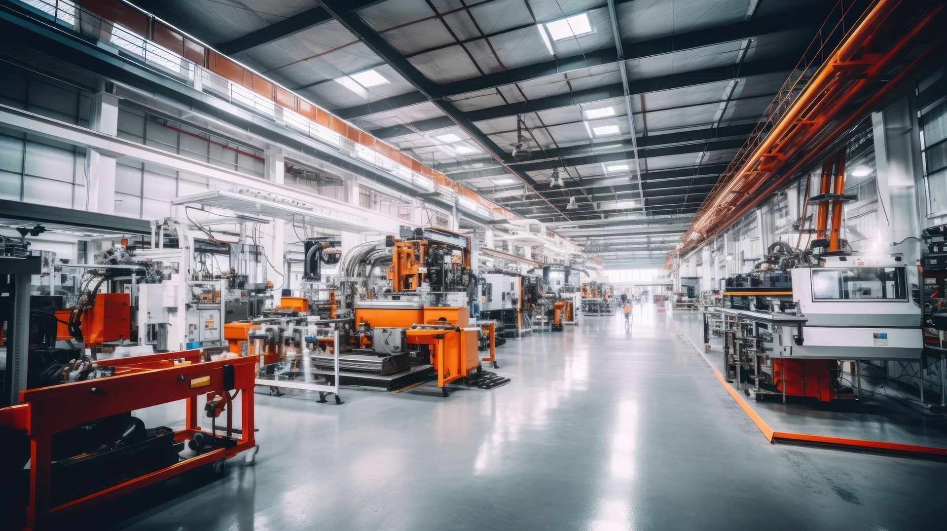 Sol d’usine industrielle lumineuse, avec des machines orange, des lignes de convoyage et un intérieur métallique à haut plafond