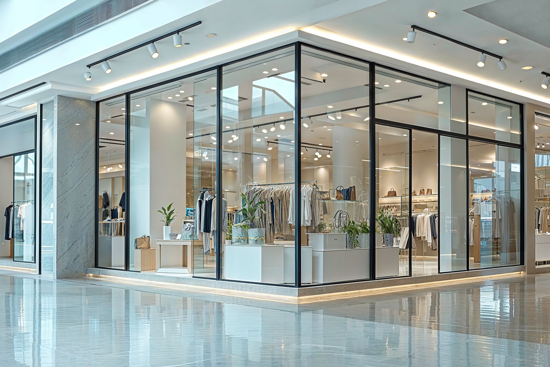 Vitrine moderne en verre dans un centre commercial lumineux, avec des vêtements exposés à l’intérieur