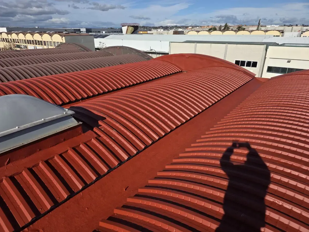 Vista desde un ángulo elevado de un techo curvo de metal corrugado rojo con una claraboya