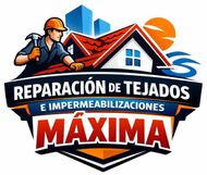 Logo for M&aacute;xima, showing a construction worker on a roof with a hammer, text: "REPARACI&Oacute;N DE TEJADOS E IMPERMEABILIZACIONES".