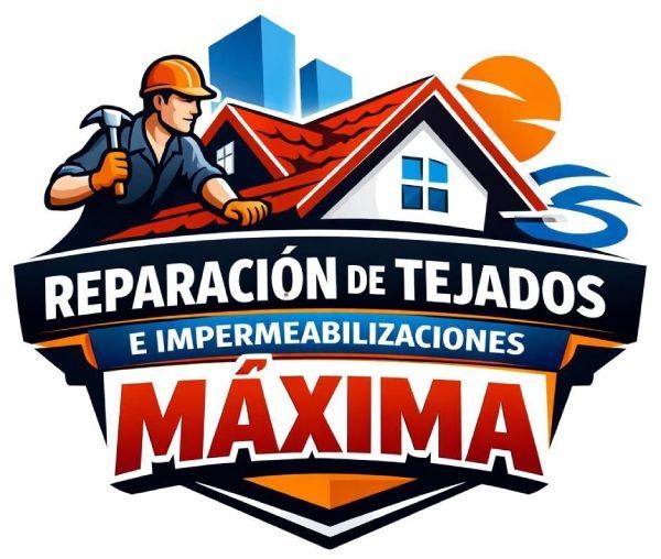Logo for Máxima, showing a construction worker on a roof with a hammer, text: "REPARACIÓN DE TEJADOS E IMPERMEABILIZACIONES".