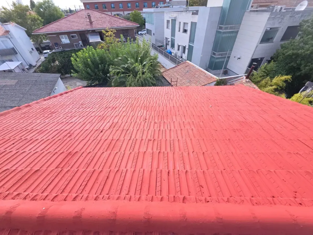Vista desde un tejado con tejas rojas brillantes y texturizadas, con vistas a los edificios y árboles