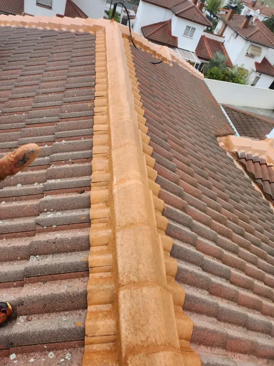 Primer plano de un tejado residencial de tejas marrones con una cumbrera prominente de color