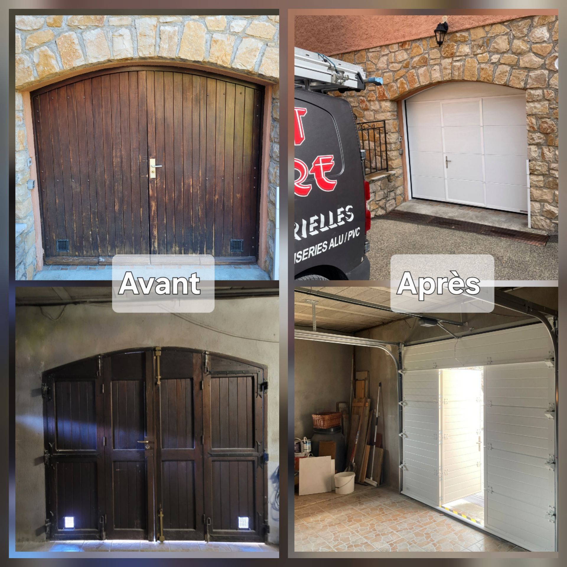 Remplacement porte de garage - Installation d'une porte sectionnelle avec portillon intégré - Porte de garage avec portillon - Installation dans les Alpes-Maritimes - Maison de village