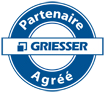 Blue and white Griesser partner seal. Contains the text 