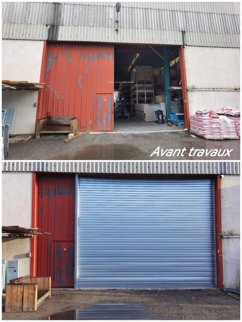 Comparaison de l'entrée d'un bâtiment industriel avant et après rénovation. L'entrée rénovée est dotée d'un nouveau rideau métallique.
