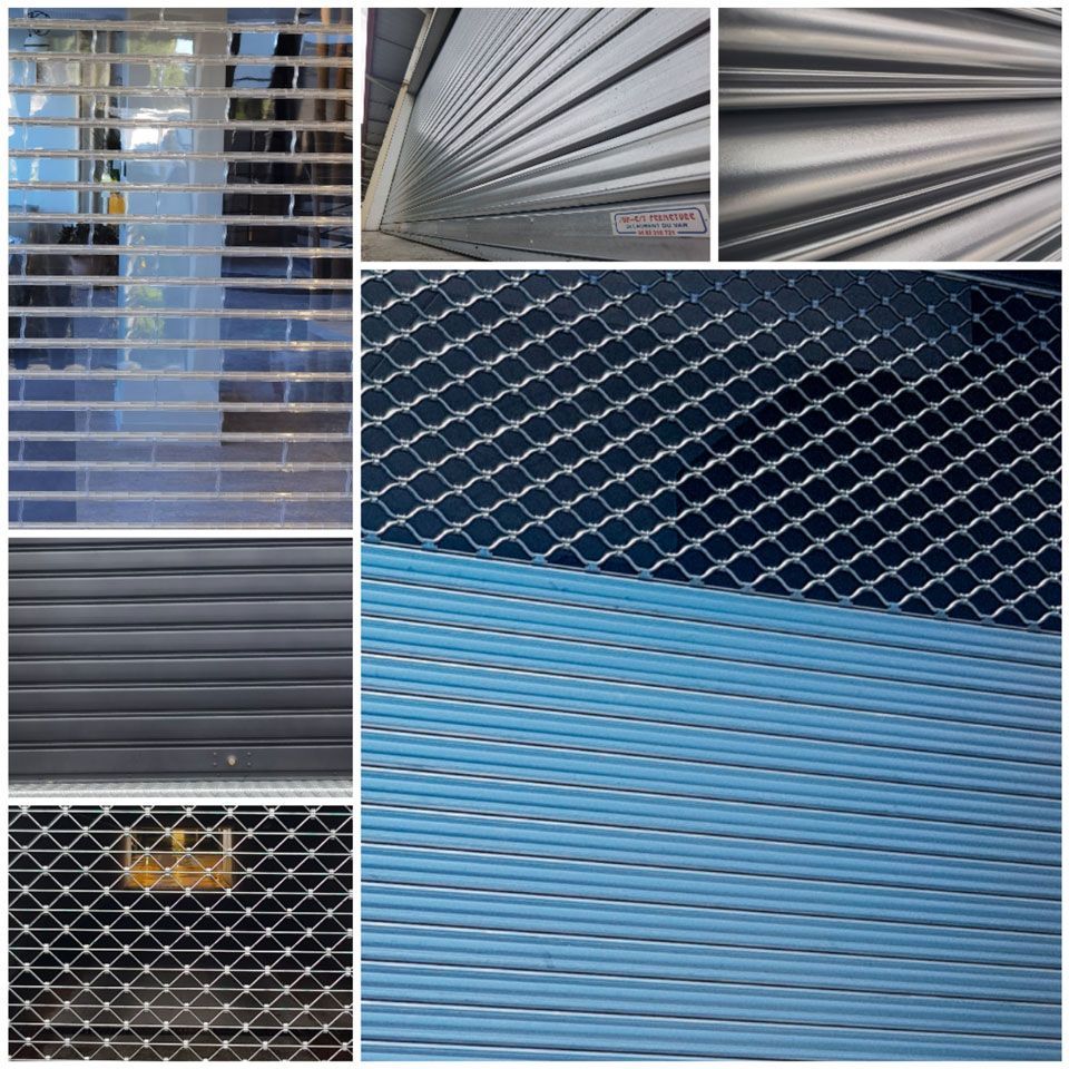 Collage de divers portails et volets de sécurité métalliques ; argentés et bleus, motifs différents.