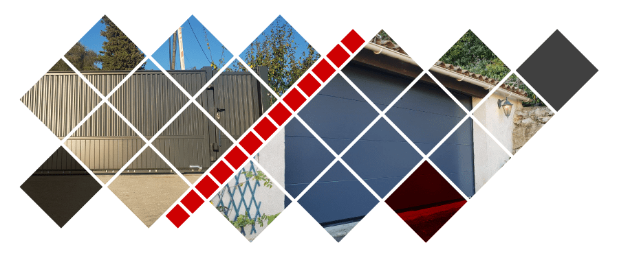 Grille d'images en forme de losange montrant diverses portes et bâtiments, avec une bande diagonale rouge.