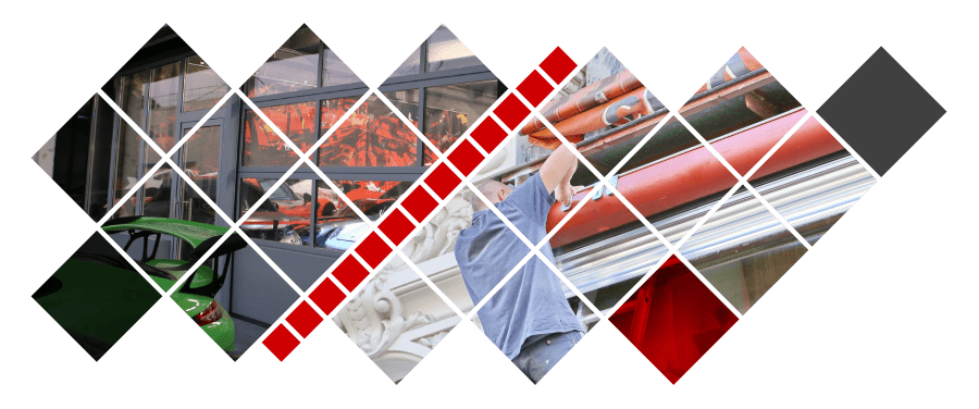 Une mosaïque d'images en forme de losange : des fenêtres, un homme au travail, des éléments rouges et gris sur fond blanc.