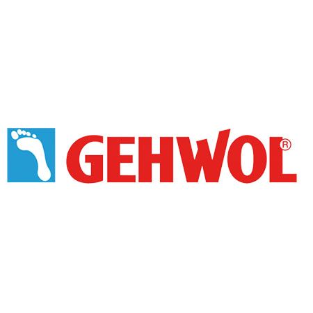 Das Logo von Gehwol ist rot und blau mit einem Fußabdruck in der Mitte.