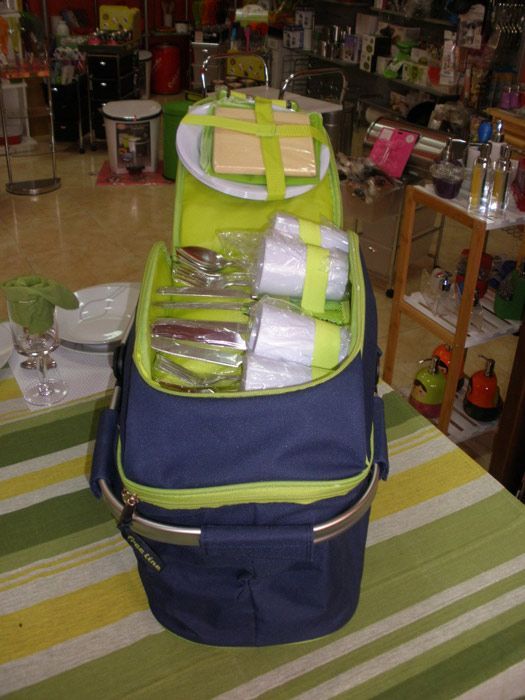 Una bolsa de picnic azul y verde está sobre una mesa.