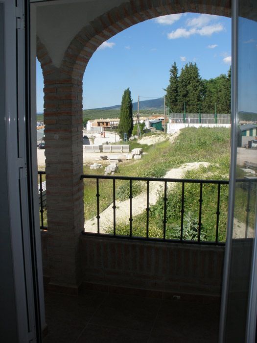 Una vista de un cementerio desde un balcón con una puerta corrediza de vidrio.
