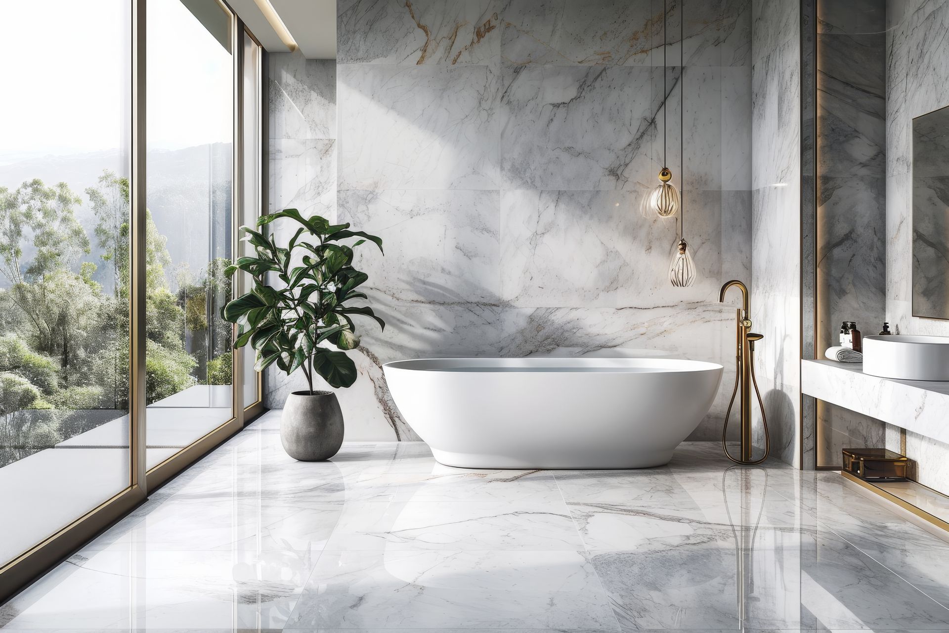 Une salle de bain avec baignoire, lavabo, miroir et grandes fenêtres.