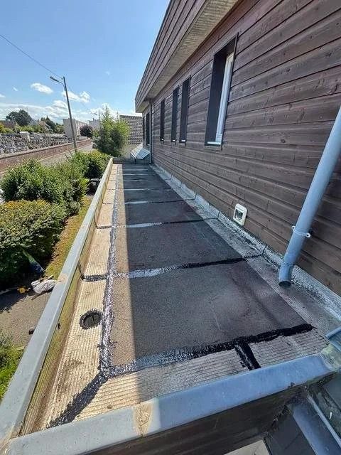 Passerelle sur le toit avec membrane noire et bordure métallique, jouxtant un bâtiment à façade en bois et donnant sur des espaces verts aménagés.
