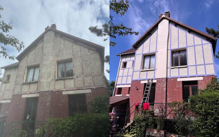 Avant/après d'une maison, à gauche la version inachevée avec du béton apparent et à gauche, la version rénovée avec un bardage rose et blanc.