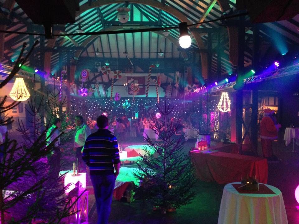 Fête colorée dans un jardin d'intérieur avec des lumières néon, des décorations suspendues et une personne qui descend un chemin
