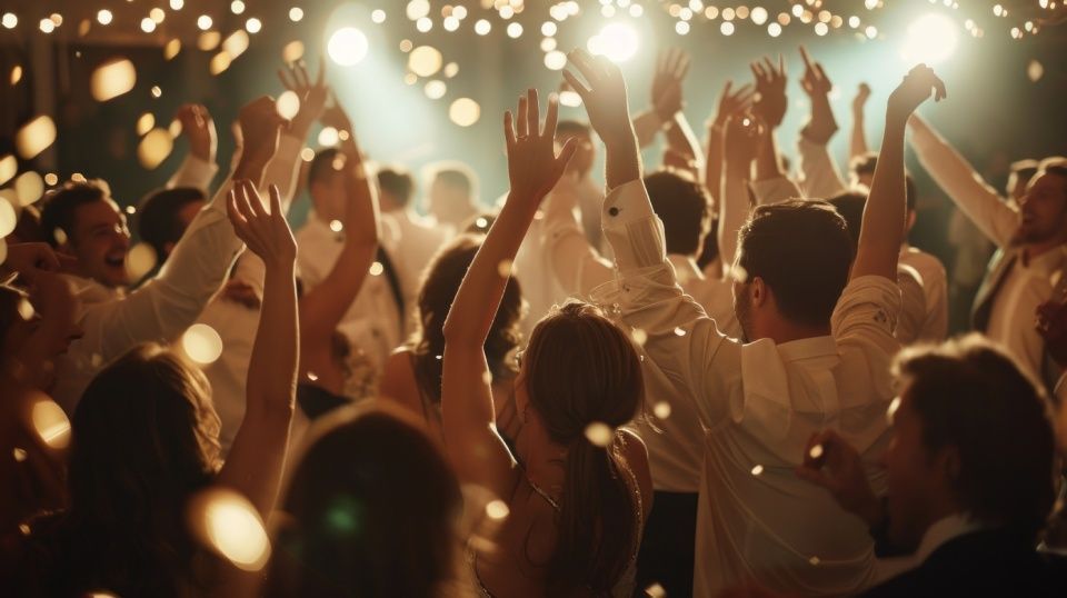 Foule dansant les mains levées lors d'un concert lumineux et chaleureux, sous une pluie de confettis.
