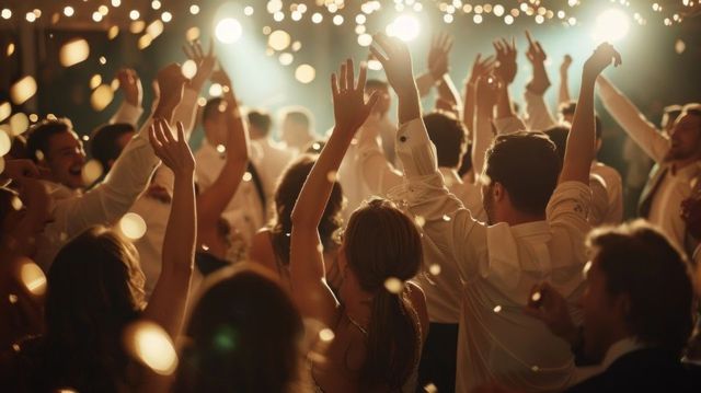 Foule dansant les mains levées lors d'un concert lumineux et chaleureux, sous une pluie de confettis.