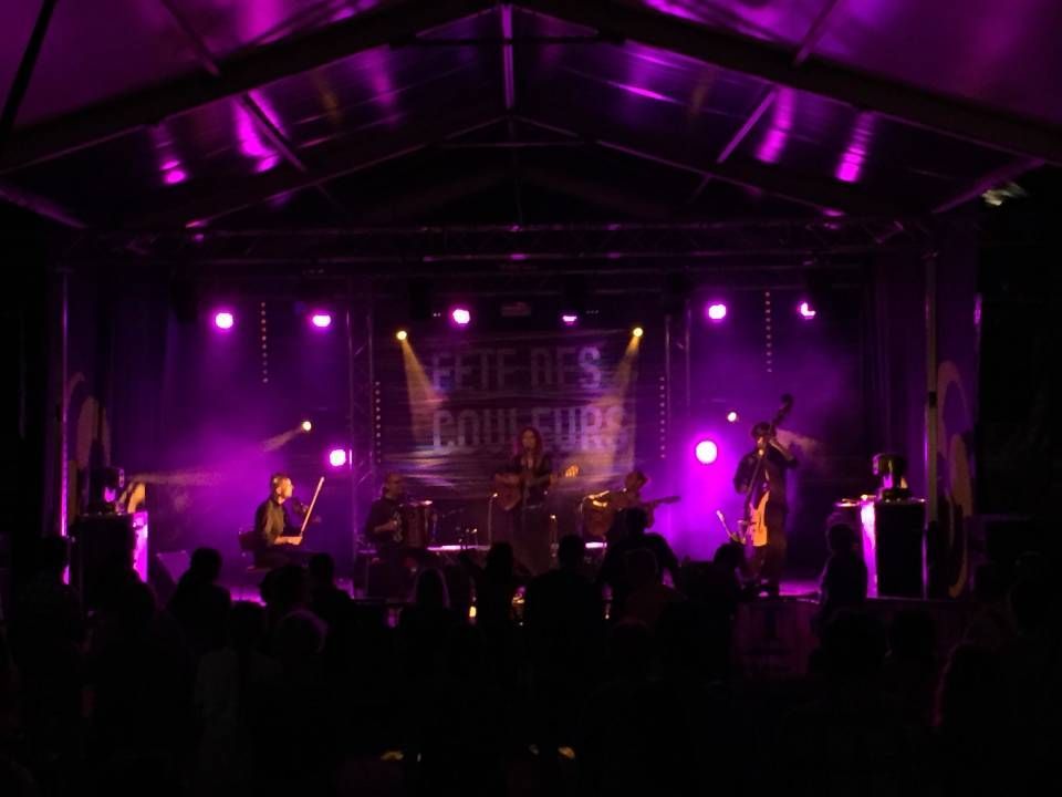 Scène de concert éclairée en violet, un groupe se produisant devant un public plongé dans l'obscurité.