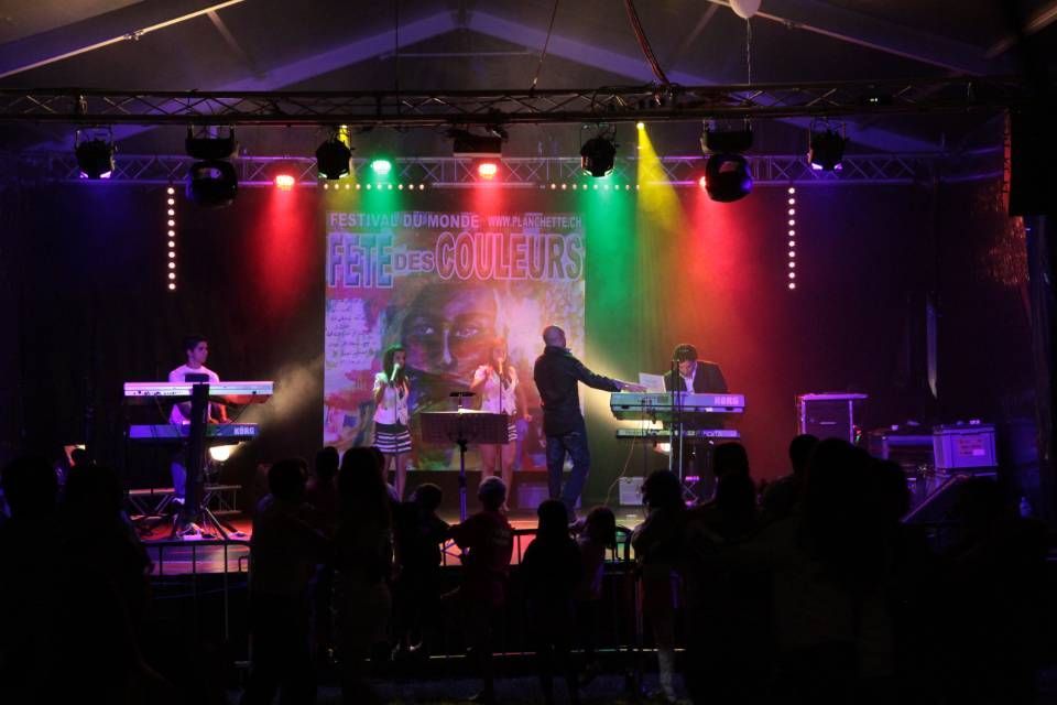 Un groupe de musique se produit en direct sur une scène illuminée de lumières colorées, avec des silhouettes de spectateurs.