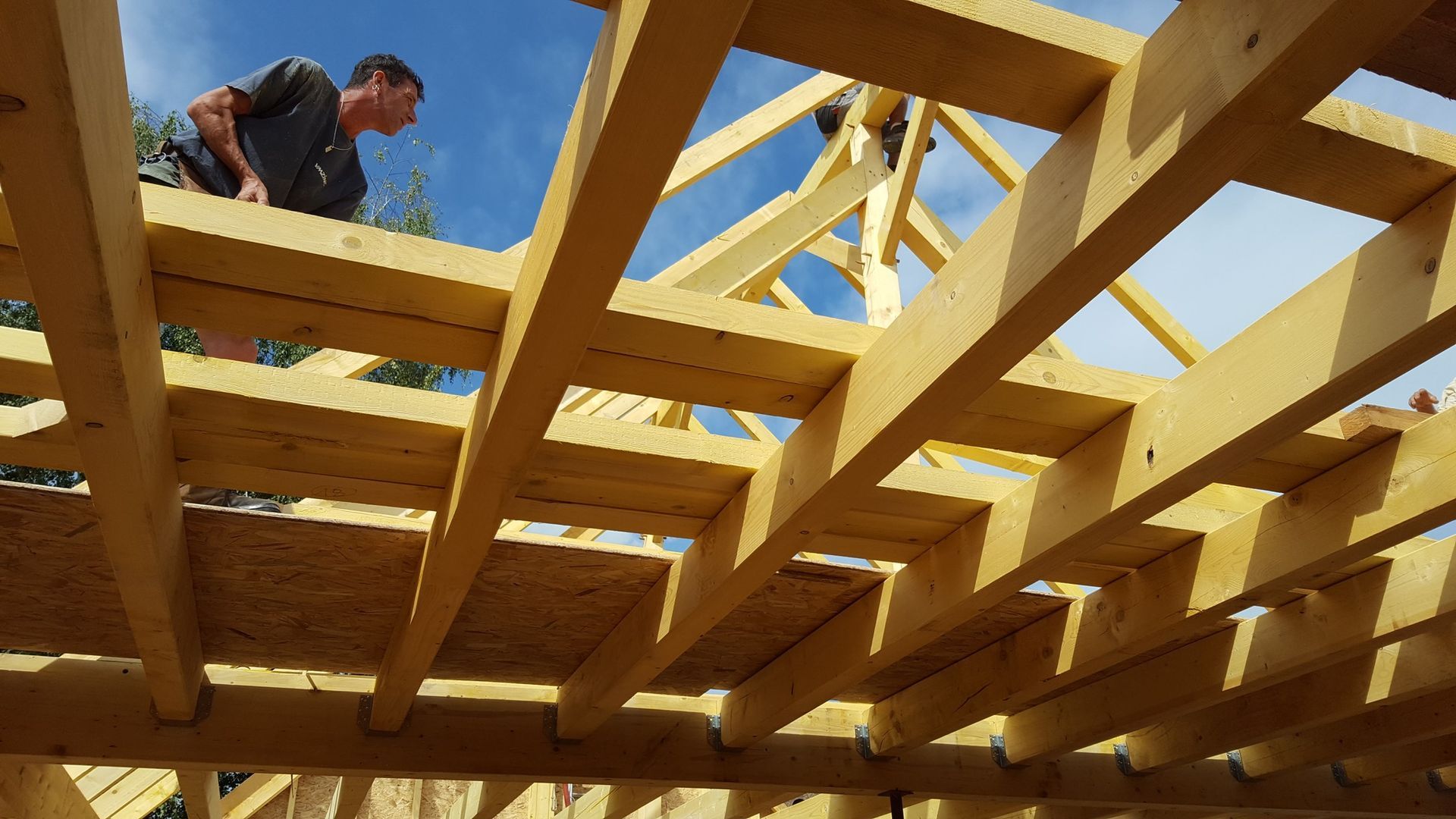 Un homme inspecte la charpente d'un toit en bois sur fond de ciel bleu.