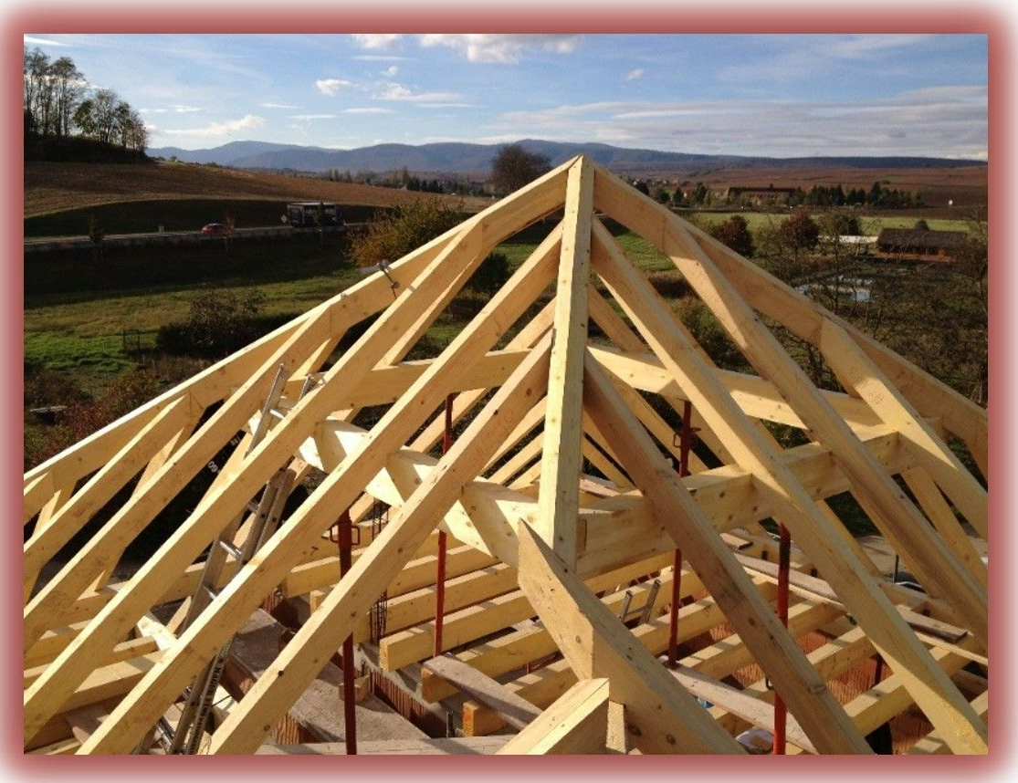 Charpente de toit en bois en construction sur un bâtiment avec un paysage rural en arrière-plan.