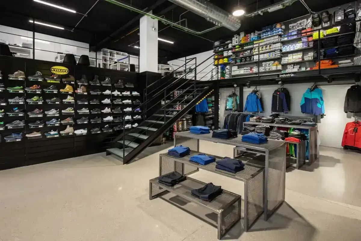 Interior de una zapatería con expositores en las paredes, escaleras, percheros y camisas dobladas sobre una mesa central.