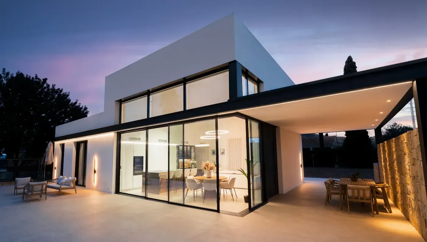 Moderna casa de cristal y blanca al anochecer, con interior iluminado y patio cubierto con asientos al aire libre.