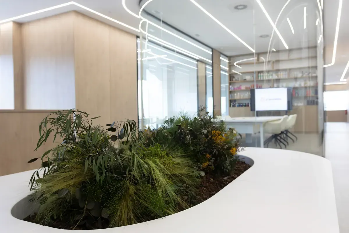 Vestíbulo de oficina moderno con escritorio curvo blanco y un gran arreglo de plantas de interior.