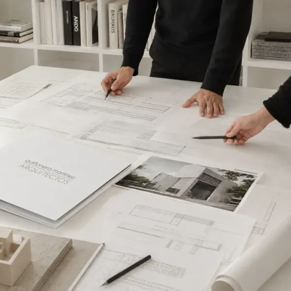 Dos personas revisan planos arquitectónicos extendidos sobre un escritorio luminoso con bocetos y una computadora portátil.