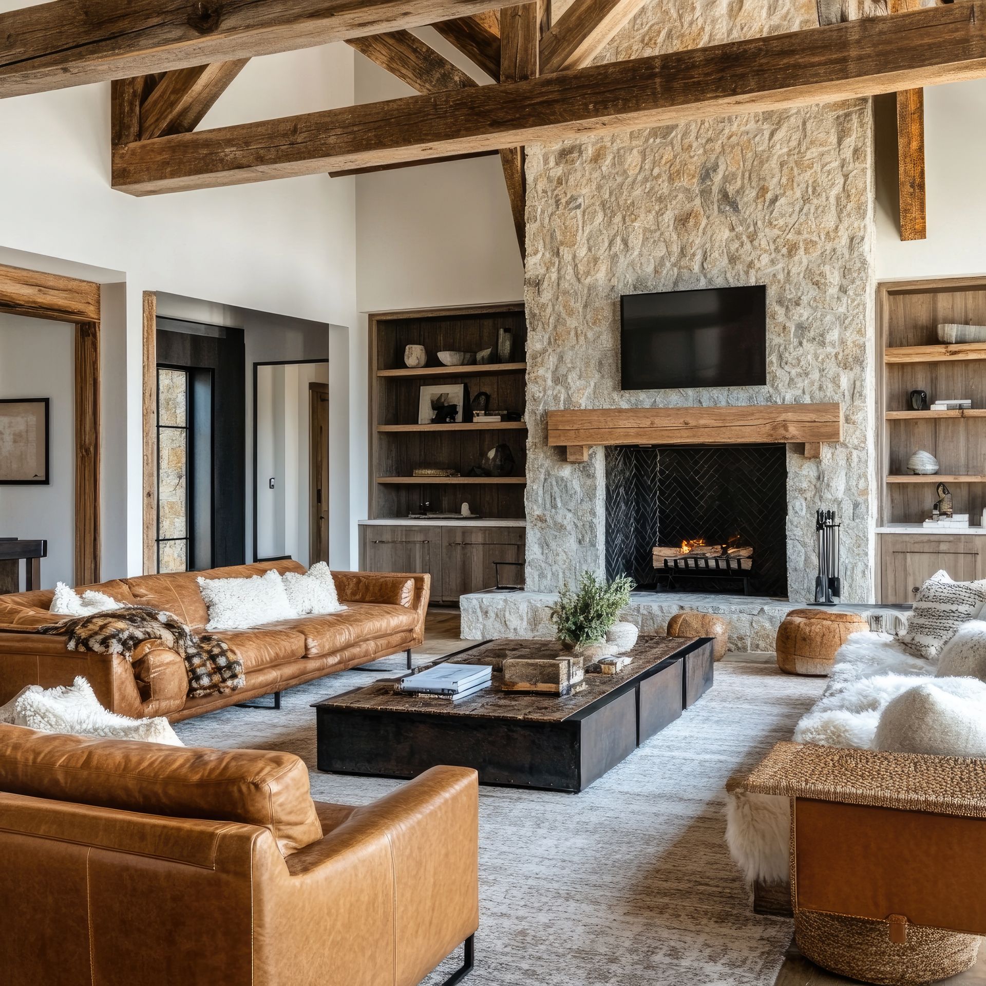 Salon rénové avec cheminée en pierres apparentes