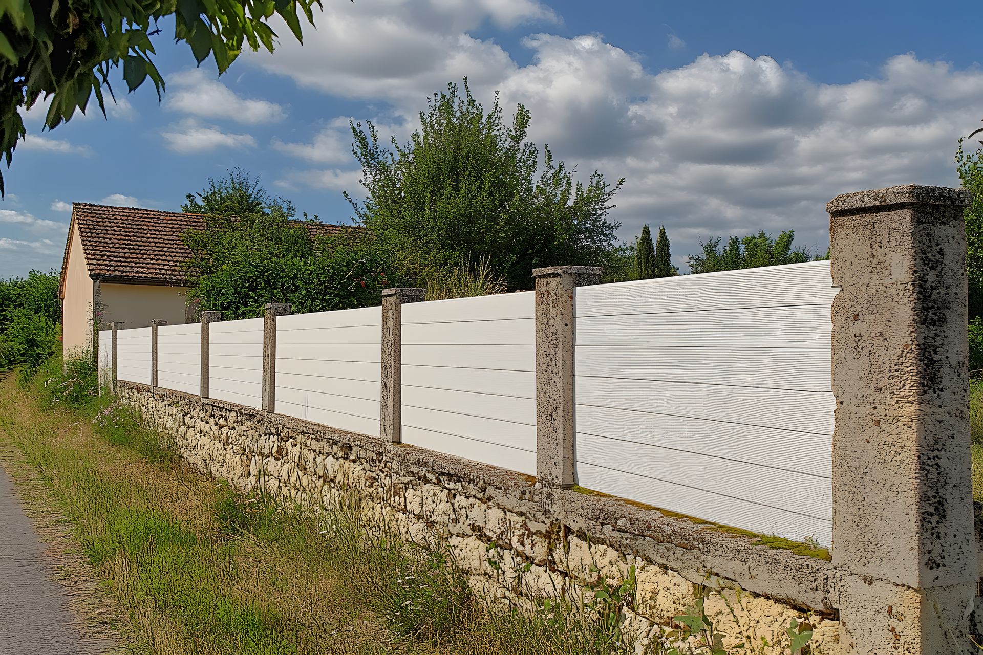 Murets de clôture avec brise-vue blancs fixés dessus