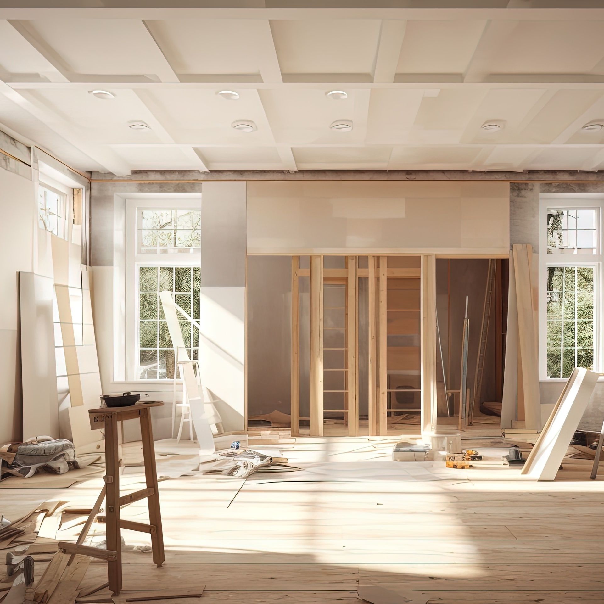 Pièce en cours de rénovation avec des matériaux