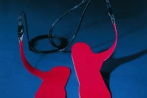 Eine rote Silhouette einer Person mit einem Stethoskop auf blauem Hintergrund