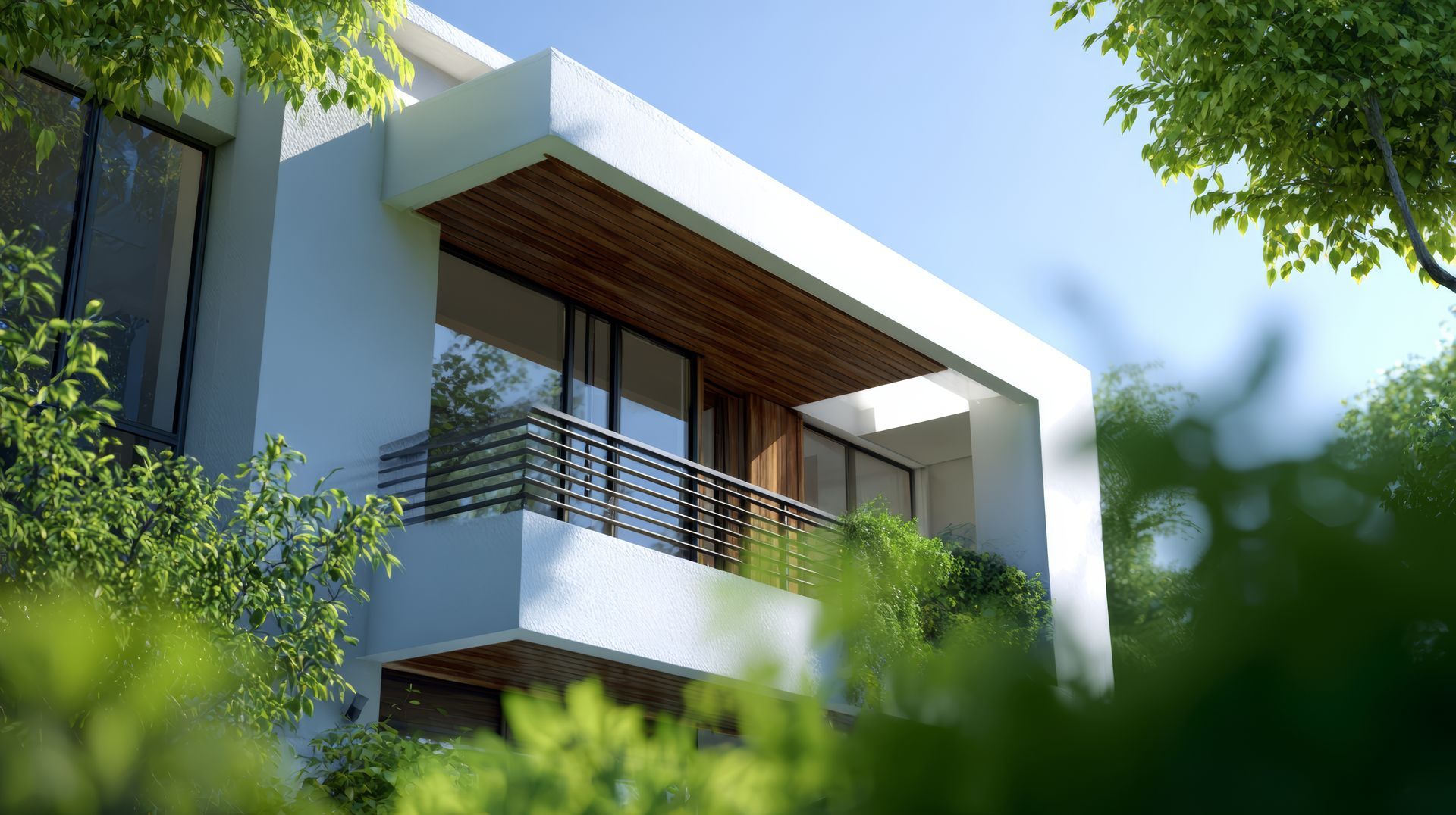 Maison contemporaine avec balcon en béton blanc, garde-corps métallique et habillage bois.