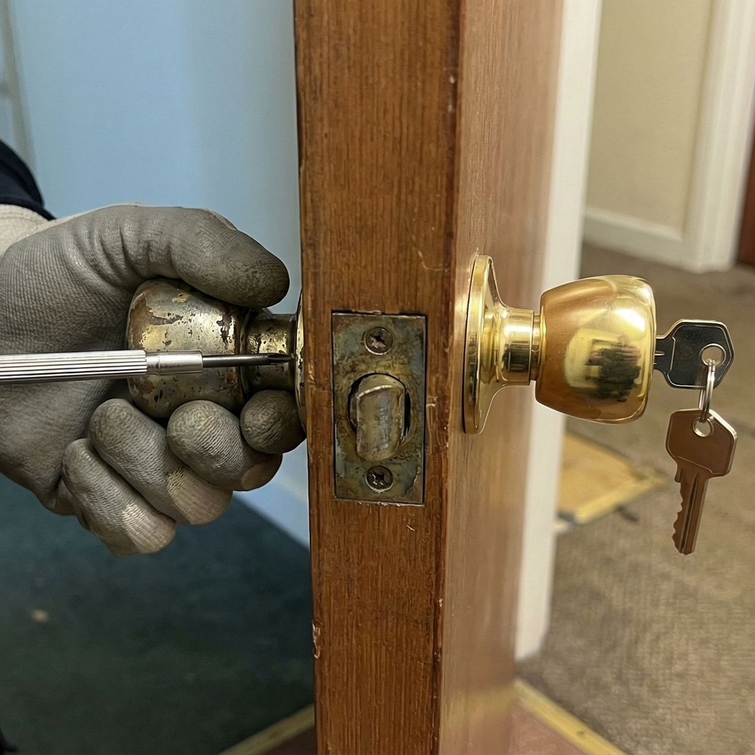 Technicien en train de réparer une poignée de porte en bois à l'aide d'un tournevis.