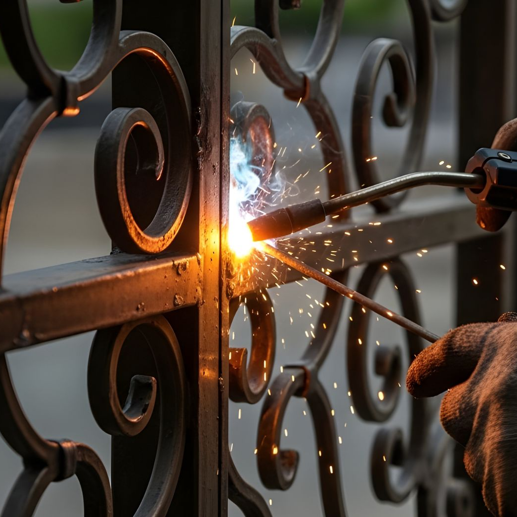Soudure sur un portail extérieur en fer forgé.