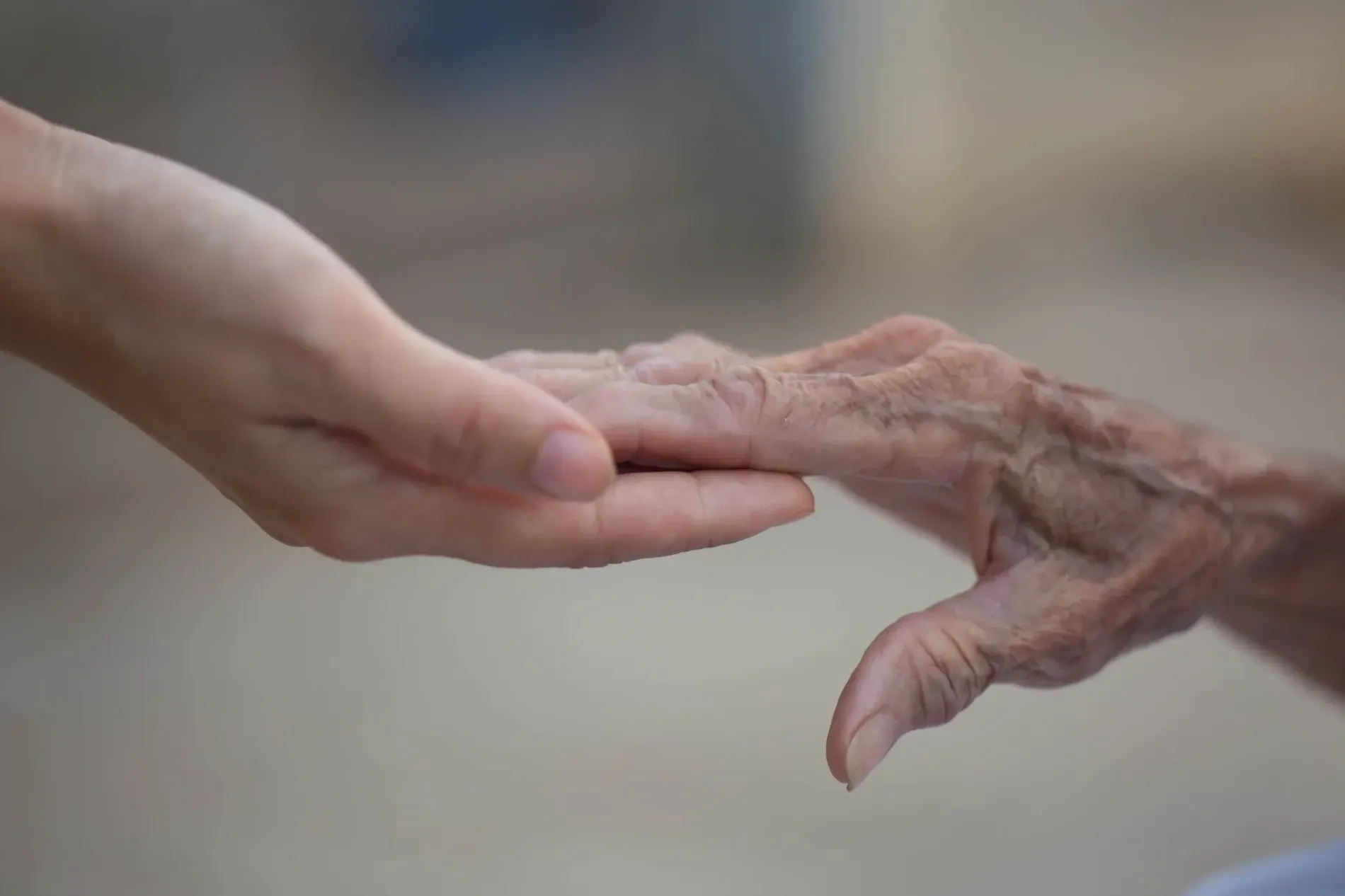 Una mano joven sostiene con delicadeza una mano anciana, demostrando cariño.