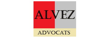Logotipo de Alvez, Abogados. El texto es negro sobre fondo rojo y gris, con la palabra