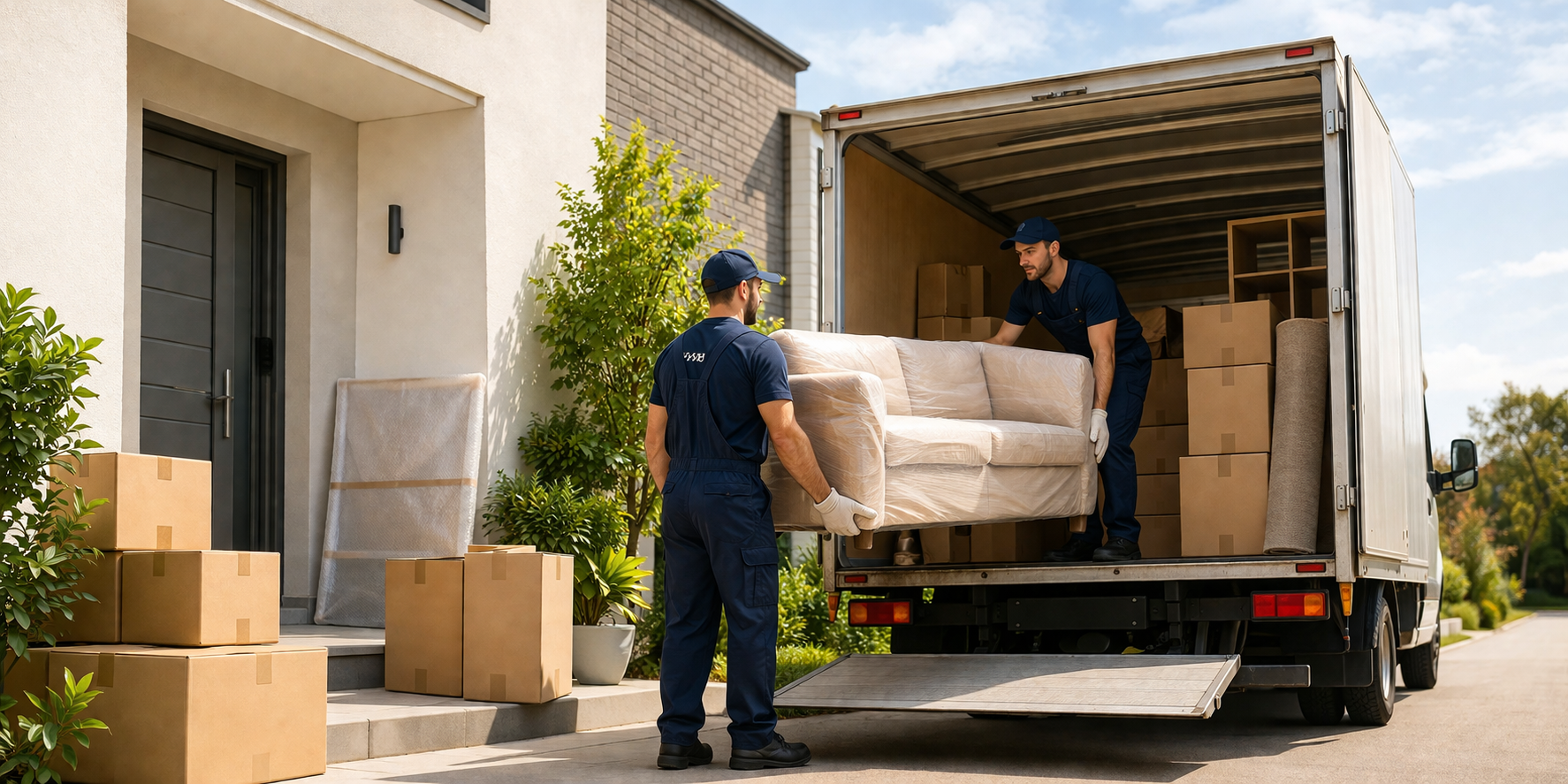 Mudanceros cargando muebles y cajas en un camión afuera de una casa.