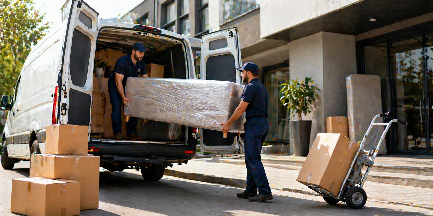 Trabajadores descargando muebles de una furgoneta de reparto frente a un edificio.