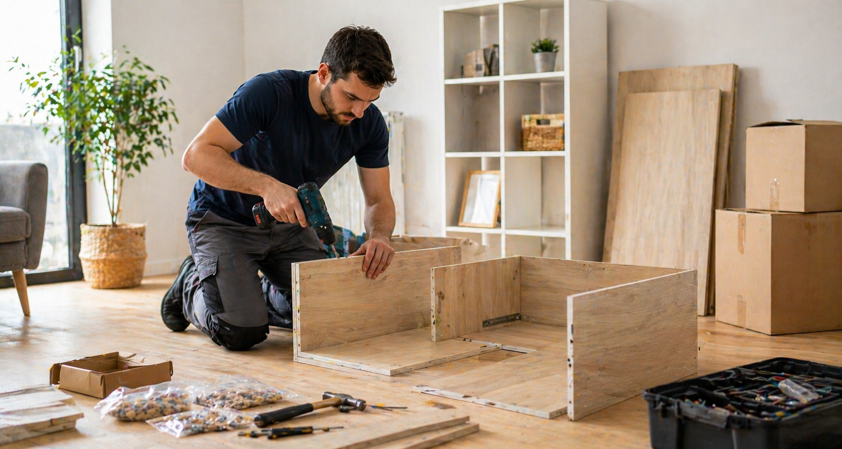 Un hombre ensambla un armario de madera en una habitación luminosa con herramientas, tablas y cajas de cartón a su alrededor.