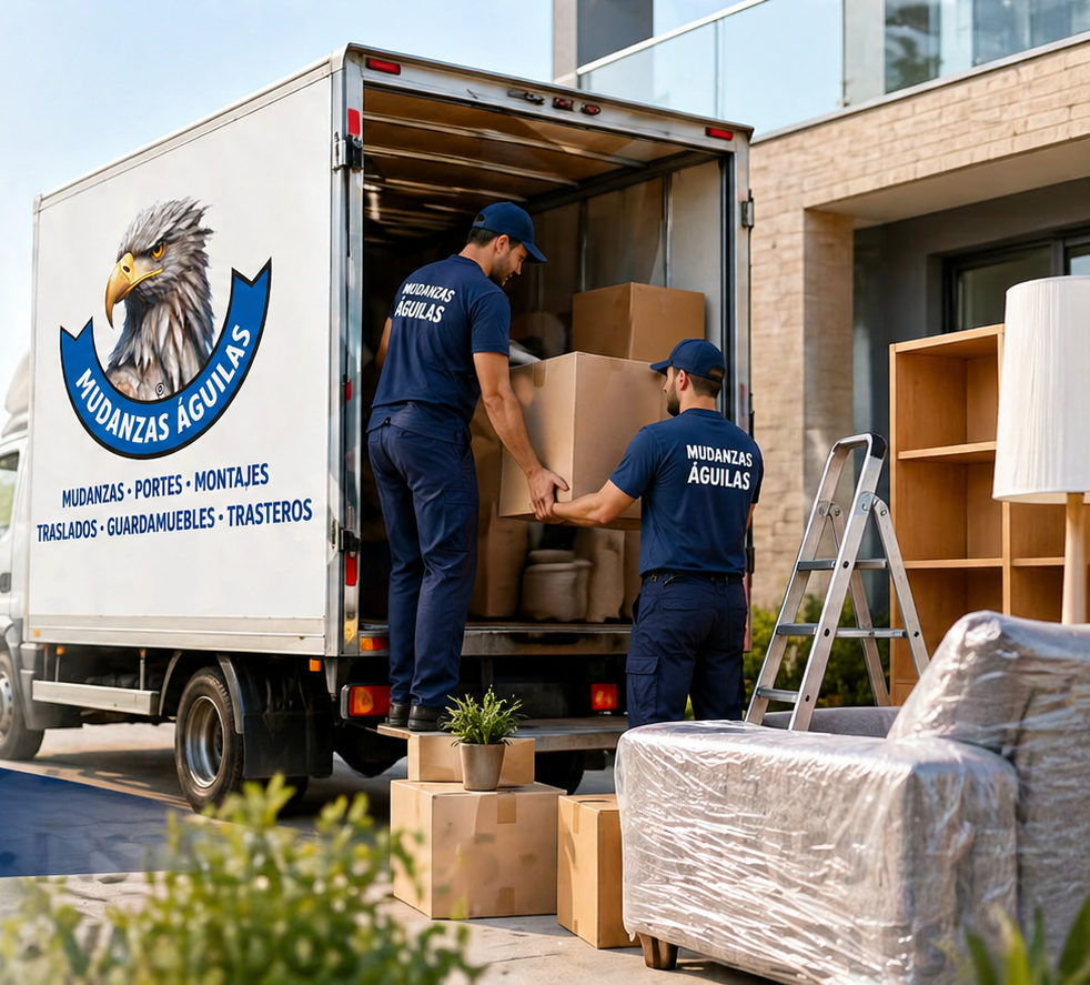 Unos operarios de mudanzas cargan cajas en un camión frente a un apartamento, con muebles envueltos y una escalera cerca.